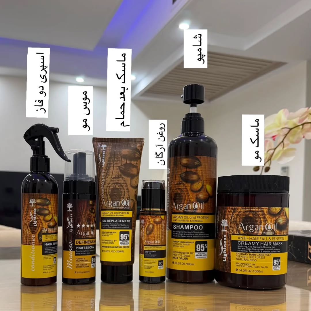 پک آرگان شش عددی شامپو، ماسک، روغن، ماسک بعداز حمام، موس مو، اسپری دو فاز صدرصد اورجینال